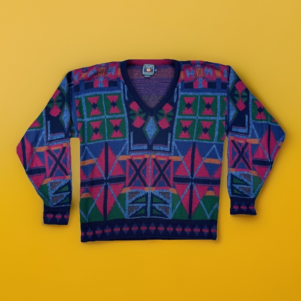 VTG 90s Chaps Ralph Lauren Geometric Knit Sweater USA Made Multicolor Large